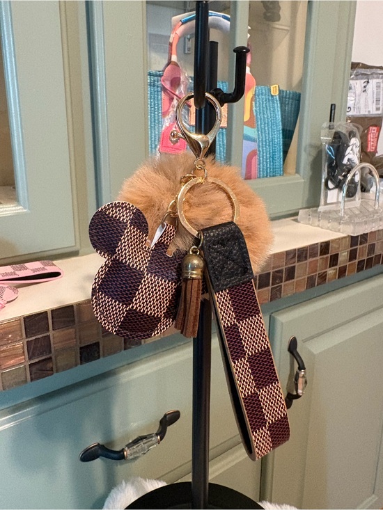 Accessories - Faux-Fur Pom Keychain with Checkered Mickey Charm and Wristlet Strap - Brown